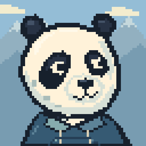 Classic panda wearing a blue hoodie in Cloud Peaks